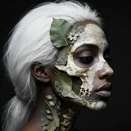 a beautiful black woman's face in profile made of leaf and floral skeleton, in the style of the dutch masters and gregory crewdson, white hair, dark and moody aesthetic, 8 k, matte, intricate detail, hyper detailed, surrealism