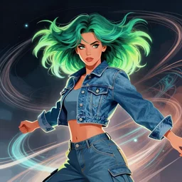 a award winning half body portrait of a beautiful woman with stunning eyes in a croptop denim jacket and cargo pants with ombre green teal hairstyle head in motion and hair flying while dancing by thomas danthony, surrounded by whirling illuminated lines, outrun, vaporware, shaded flat illustration, digital art, trending on artstation, highly detailed, fine detail, intricate