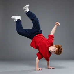 Boy with red hair wearing red T-shirt, dark blue pants and white shoes. Boy is breakdancing