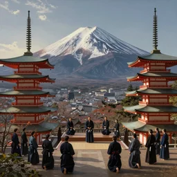 new york, by fernando botero, by ambrosius benson, realistic, zoomed out, epic composition, discovering japan, ceremony, temple, dojo, mountain fuji
