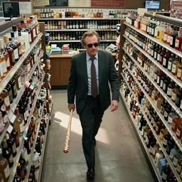 jack nicholson walking in liquor store with baseball bat, security camera footage, cctv, high angle view,