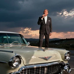 Photograph of Bobby Rydell singing on the hood of a 1950s Cadillac