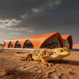 archdaily architectural photography of a fun long building that looks like an orange and yellow lizard in the middle of a desert, architecture in the shape of a varanus caspius monitor lizard, lizard skin textured facade