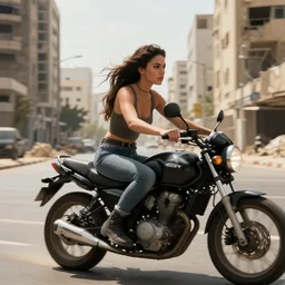 sony a 7 s photo of an attractive woman riding a motorcycle in a post apocalyptic tel aviv city
