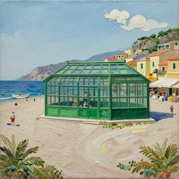 impasto relief painting of a beautiful italian beach scene in the centre of which is a giant green house, claire tabouret