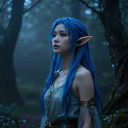 breathtaking concept art of beautiful young Asian elf woman with elf ears and blue hair in a hazy forest at night in the rain, dark and moody lighting, brilliant use of light and shadow, by Artgerm, cinematic, epic scene, 8K, trending on Artstation