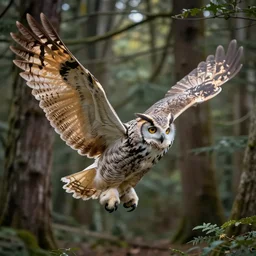a giant mystical owl in a forest, wings spread, landing, majestic, by greg rutwolski, john howe