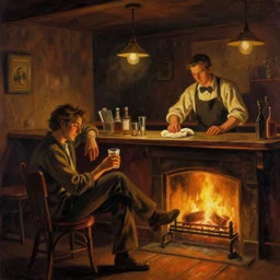 dimly - lit, intimate bar scene. a fireplace is lit for warmth. a single exhausted patron remains, finishing one last drink before the bar closes for the night. the barkeep is diligently scrubbing the countertop with a well - used rag. whimsical fantasy drawing. wide - angle shot. classic americana art