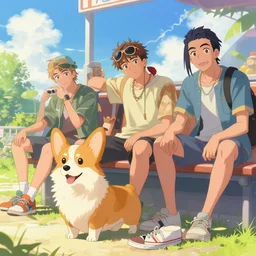 beautiful anime painting of sunny hiphop solarpunk summertime chill with corgi, by tim okamura, victor nizovtsev, greg rutkowski, noah bradley. trending on artstation, 8 k, masterpiece, graffiti paint, fine detail, full of color, intricate detail, golden ratio illustration