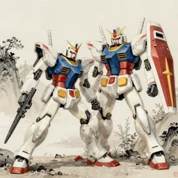 Gundam RX-93 intense fight against Sazabi, traditional Chinese painting style, epic, intricate details, gold glow, trending on art station, 8k