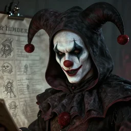 a digital art close up portrait of hooded clown jester bard in style of d & d character, handsome warlock character sheet, 4 k, ultra detail, volumetric lighting, unreal engine, octane render, grimdark