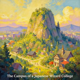 \'The Campus of a Japanese Wizard College\', a vibrantly colored fantasy painting by greg rutkowski, trending on artstation, matte painting, golden hour