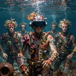 junky men underwater, luminosity, cybertronic gadgets and vr helmet, flesh + technology, durty colours, mid shot, rotten textures, rusty shapes, mid shot, biotechnology, norman rockwell, tim hildebrandt, dariusz zawadzki, bruce pennington, larry elmore, oil on canvas, deep depth field, cinematic composition, hyper - detailed, hd, hdr
