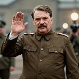stalin looking at the camera, colorized full body portrait, stalin waving, realistic 4k octane beautifully detailed render, 4k post-processing octane render, long lens, shallow depth of field, bokeh, anamorphic lens flare, 8k, hyper detailed, 35mm film grain