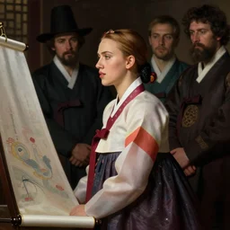 side view portrait of young scarlet johansson in korean costume by jan van eyck, tom bagshaw, jean delville, william bouguereau, albrecht durer, symbolist painter, mysterious mood, on silk roll