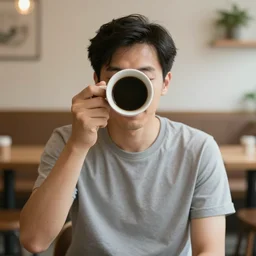 a man with a coffee mug for a head