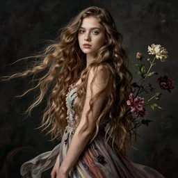 portrait of Adrianne Lenker as a young pretty woman in flowing dress, arrogant, mysterious, long fine flowing hair, delicate, looking at camera, realistic face, intricate, stylish, elegant, grimdark, flowers, extremely detailed photograph by Martine Johanna and Ernst Haeckel and Greg Rutkowski