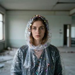 a woman wearing a hood made of plastic and confetti, in an abandoned office building, by jan van eyck, canon eos c 3 0 0, ƒ 1. 8, 3 5 mm, 8 k, medium - format print