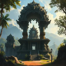hidden biomechanical ancient temple in a beautiful sri lankan landscape, concept art, intricate detail, volumetric shadows and lighting, realistic oil painting,