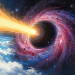 a beautiful ultradetailed matte painting of a black hole swallowing a star, by laurie greasley and andreas rocha and brian sum and makoto shinkai, rule of thirds, ligne claire, wide angle, colorful and bright, clouds in the distance, narrative realism, unreal engine, cinematic lighting, volumetric lighting, polarizer filter, featured on artstation, f 1 6, hd wallpaper, 8 k