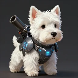 a sad west highland white terrier, anime art style, wearing futuristic, led - lit armor, and a cannon mounted on his back, portrait, high detail, sharp focus, digital painting, artstation, concept art, art by hayao miyazaki and artgerm and greg rutkowski and alphonse mucha.