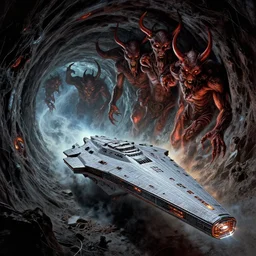 a sentient starship followed by demons emerging from a wormhole to hell, intricate detail, classic sci fi film, lipkin, whealan, royo,