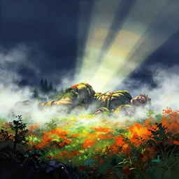 a beautiful artwork illustration, a fallen giant laying defeated in the distance engulfed in nature, volumetric fog, godrays, high contrast, high contrast, high contrast, vibrant colors, vivid colors, high saturation, by Greg Rutkowski and Jesper Ejsing and Raymond Swanland, featured on artstation, wide angle, vertical orientation