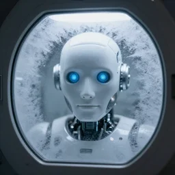 a robot face, seen through a frosty window of a cryogenic chamber, sigma 5 5 mm