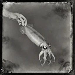 tintype photo of a squid holding a woman
