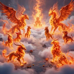 Fiery illusions of mythical creatures wandering around on a cloudy path to paradise, digital art, vibrant, detailed