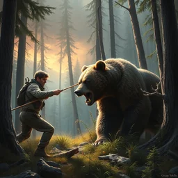 bear grylls fending off a grizzly bear in the woods, matte painting, ultra wide shot, sharp focus, wallpaper art, dramatic lighting, artwork by greg rutowski and thomas kinkade