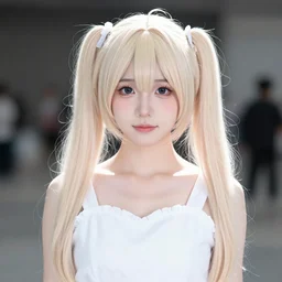a high definition photo of a young cosplayer with twin tails, wearing white dress, symmetric and beautiful face