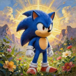 fantasy portrait of sonic the hedgehog, natural light, lush plants flowers, spectacular mountains, bright clouds, luminous sky, outer worlds, golden hour, michael cheval, edward hopper, michael whelan, oil painting, hd