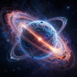 alien quark-gluon collision energy orbiting a bizarre cybernetic planet, nebula in background, starfield in background, style of Tim White
