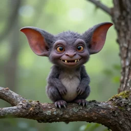 friendly scamp goblin with pointy teeth and big bat ears perched on tree branch
