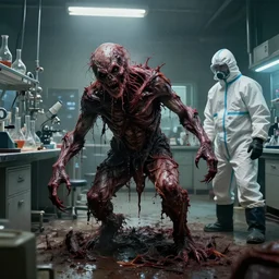 a horrific flesh creature grows out of control in a grungy science lab, horror movie scene, a man in a hazmat suit