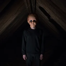 dark attic with the man with a doll head, dark ,night