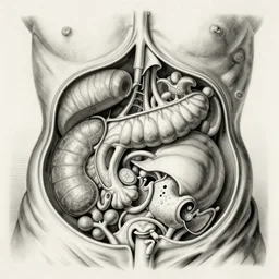 Dissection of abdominal organs, Vesalius, engraving