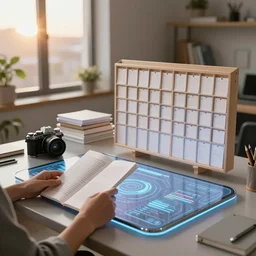fujifilm x - t 3 + xf 5 0 - 1 4 0 mm f / 1. 4 : pov candid photo of my hands reading pdfs at my floating futuristic ios hologram desk, stacks and rows of perfectly organized calendar cubbies during sunrise in a cozy dappled open - air design studio, daylight vr os ux, leica 8 k still a 2 4