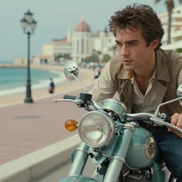 beautiful hyperrealism three point perspective film still of a nice oceanfront promenade with 1 9 7 0 s motorcycle parked near negresco scene in matrix meets ronin ( 1 9 9 0 ) extreme closeup portrait in style of 1 9 9 0 s frontiers in translucent porcelain miniature street photography fashion edition, focus on headlight, tilt shift style scene background, soft lighting, kodak portra 4 0 0, cinematic style, telephoto by emmanuel lubezki