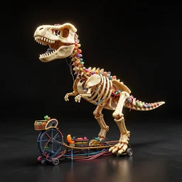 Simple funny mechanic organic dinosaur skeleton sculpture made from rollercoaster, with colorfull jellybeans organs, cables, wires and tubes, by david lachapelle, by angus mckie, by rhads, in a dark empty black studio hollow, c4d, at night, rimlight, rimight, rimlight