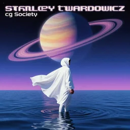 a person wearing a white cloak that's blowing in the wind. they are standing in the water. a large planet with rings is visible in the sky. an album cover by stanley twardowicz, trending on cg society, retrofuturism, retrowave, chillwave, synthwave