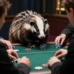matte painting of a honeybadger playing poker against people, the honeybadger is winning