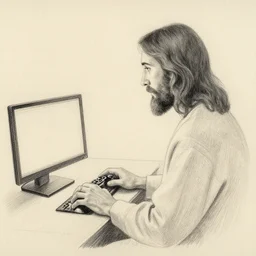 pencil drawing of jesus christ looking watching a person play video games, masterpiece, minimalist