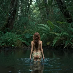 forest nymph rising from the water. view from behind, back view. nuri iyem, james gurney, james jean, greg rutkowski, anato finnstark. award winning photography, cinematic, wild vegetation