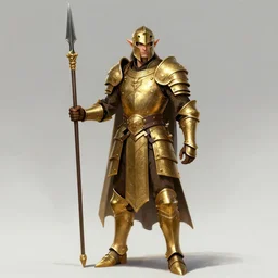 character design of a male elf hoplite warrior wearing golden armor, holding a spear, character concept art, trending on artstation, hd, hq, ultra details