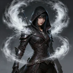 portrait of a mix between aeromancer and assassin, female, shiny white tornadoes and daggers, leather coat, high fantasy, dnd, face details, extremely detailed, smooth, sharp focus, digital illustration, by artgem, rossdraws, sakimichan