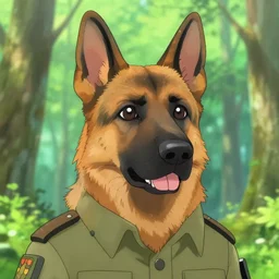 close up character portrait icon of the german shepard military uniform head animal person fursona wearing clothes standing in the bright forest, hidari, color page, tankoban, 4 k, tone mapping, akihiko yoshida