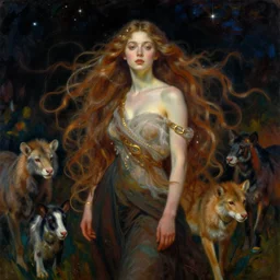 A beautiful art installation of a woman with long flowing hair, wild animals, and a dark, starry night sky.  by Mikhail Larionov, by Noelle Stevenson manmade