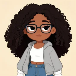 a very beautiful curvy!!! girl with dark complexion, long, curly, afro hair, stylistic oval black eyes, half - frame square glasses, grey hoodie opened, white tank top, white gloves, denim jeans, character art, cute, digital art, cartoon network, cel shaded, character art